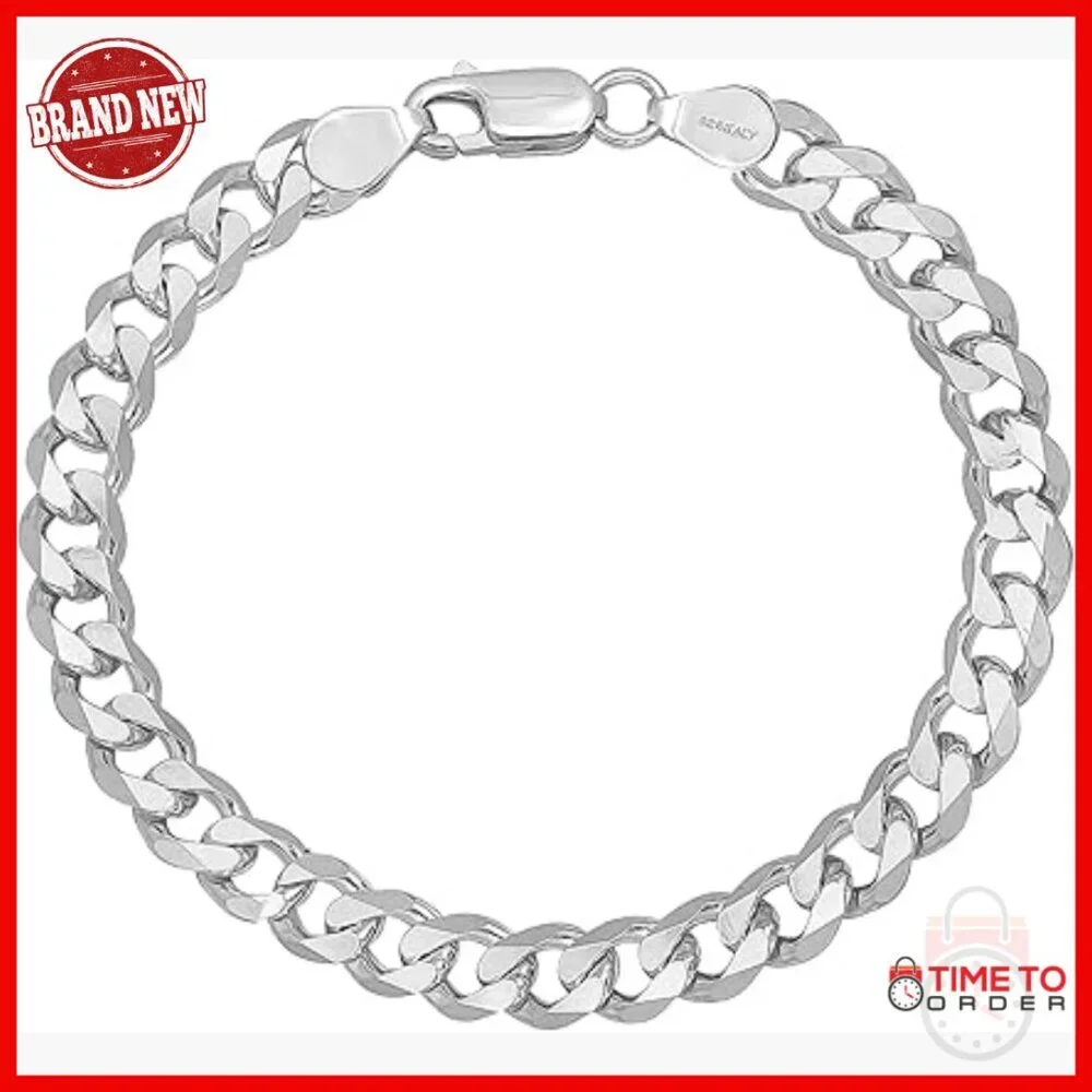 Sterling Silver Curb Chain Bracelet for Men, 8.5 Inch, Lobster Clasp